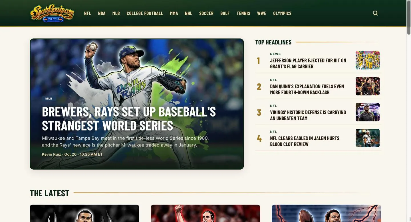 Sports Gossip homepage leading with the World Series