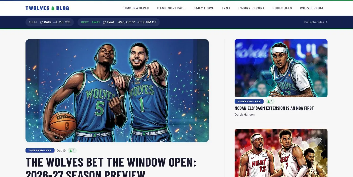 TWolves Blog homepage leading with the 2026-27 season preview