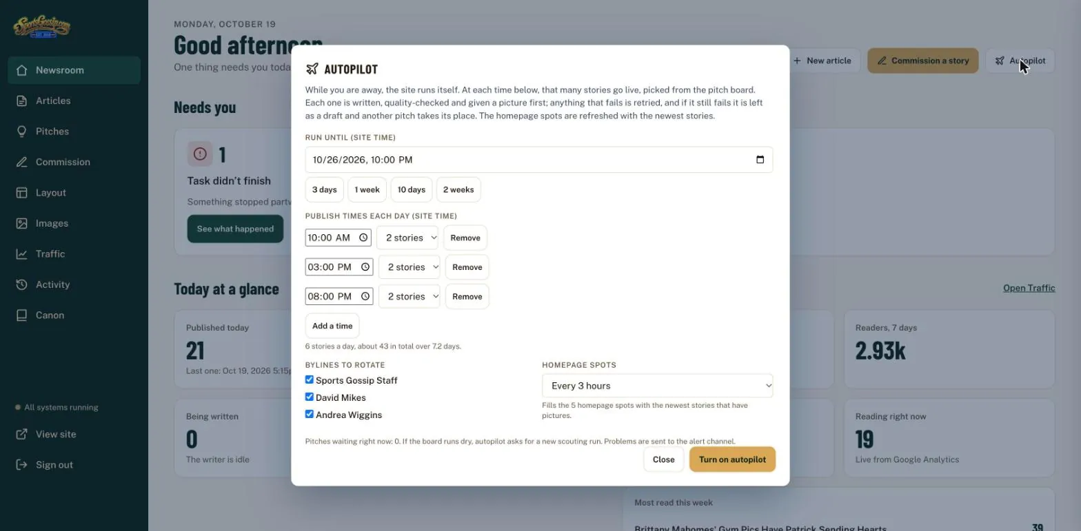 Autopilot settings in the dashboard