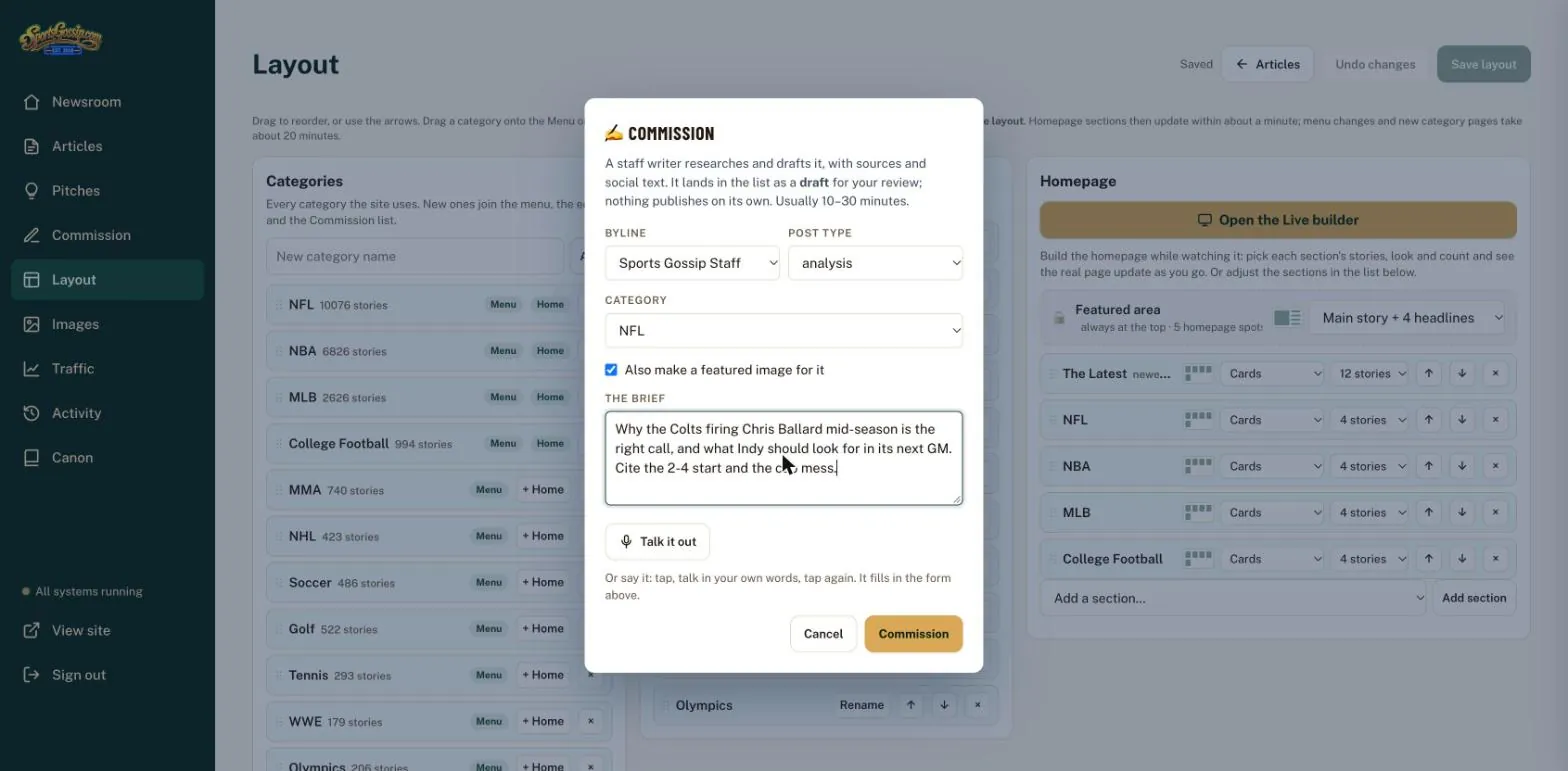 The Commission screen on Sports Gossip